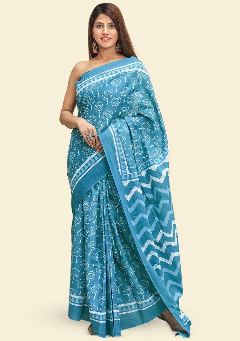Blue Printed Blended Saree Set - Indya