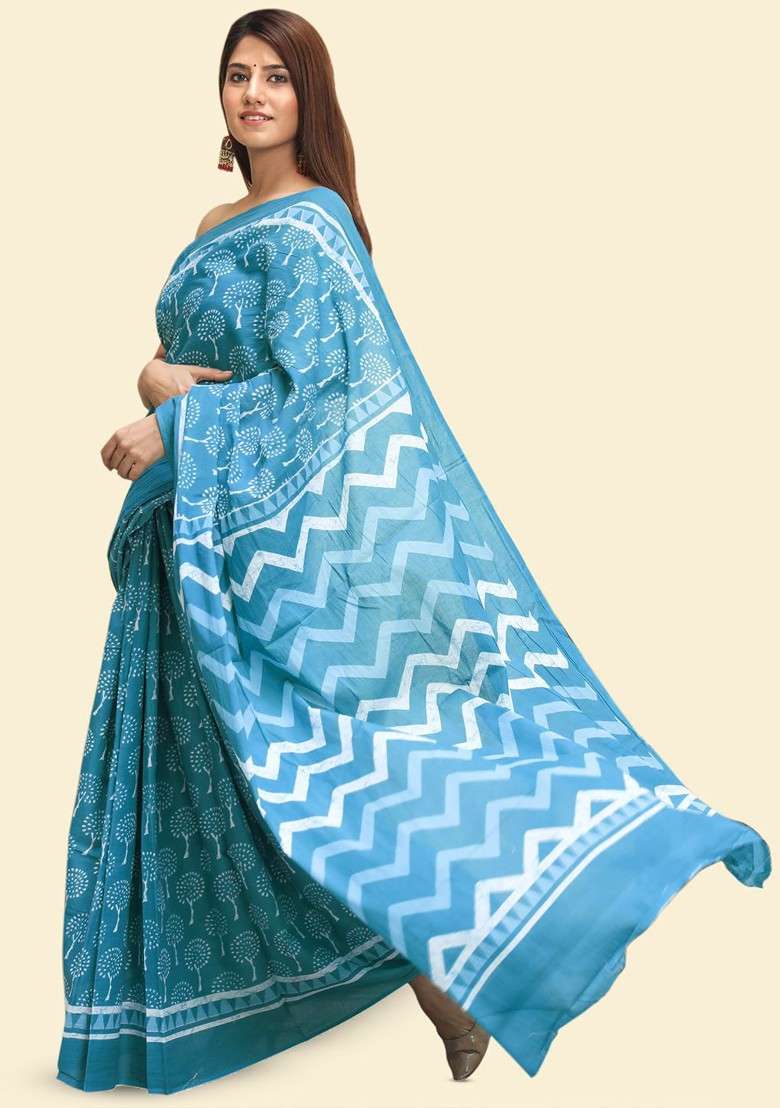 Blue Printed Blended Saree Set - Indya