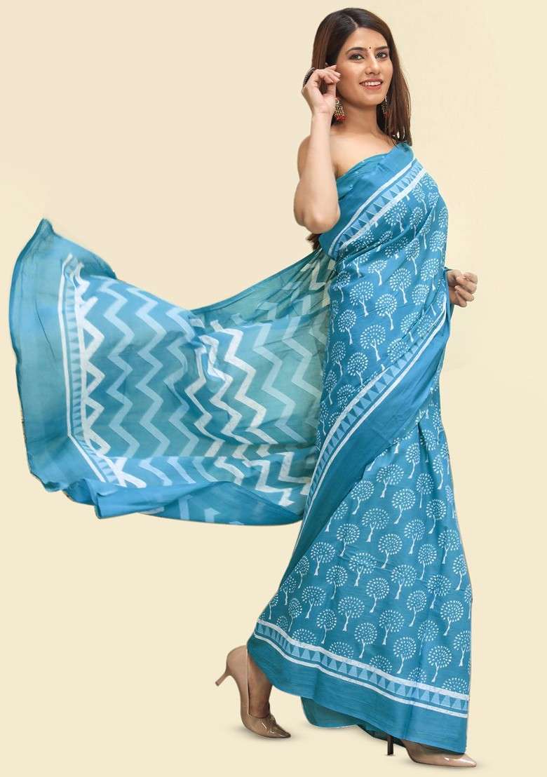Blue Printed Blended Saree Set - Indya