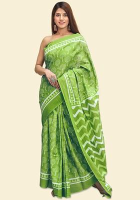 Green Embroidered Blended Saree Set