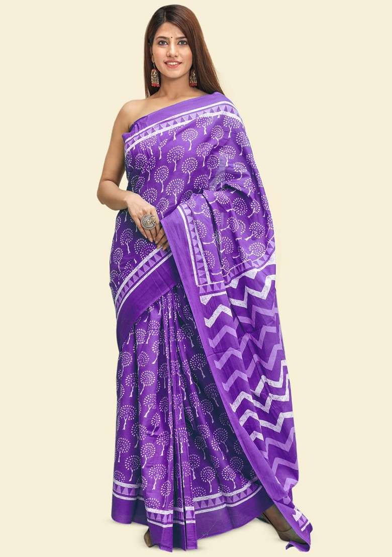 Purple Printed Blended Saree Set - Indya