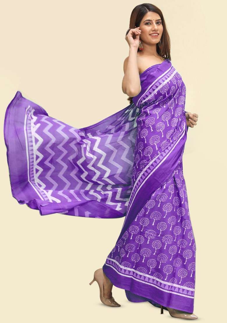 Purple Printed Blended Saree Set - Indya