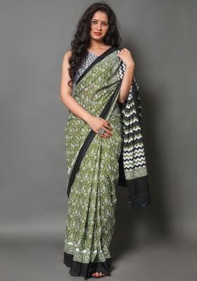Green Printed Blended Saree Set