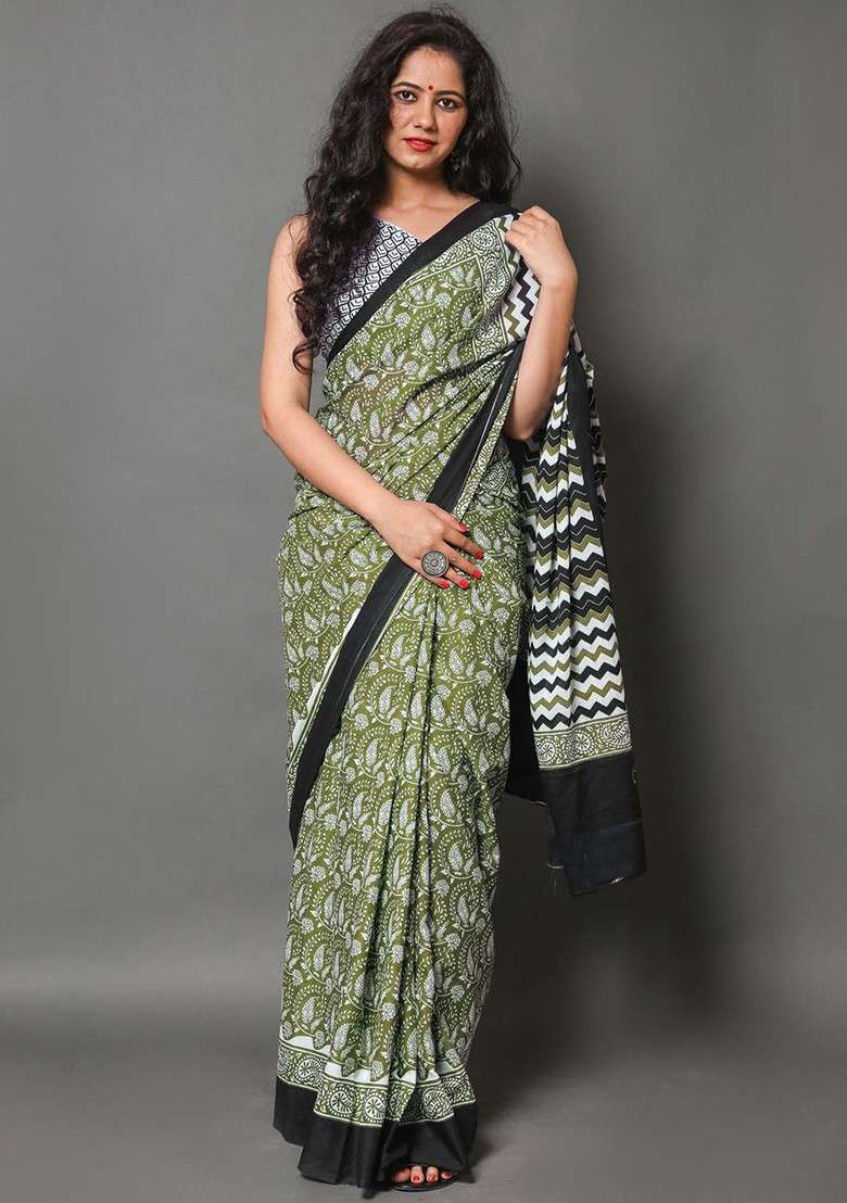 Green Printed Blended Saree Set - Indya