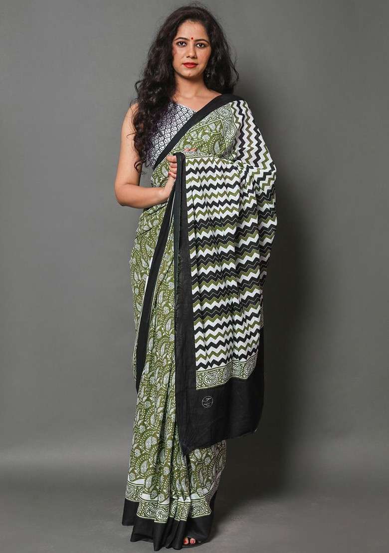 Green Printed Blended Saree Set - Indya