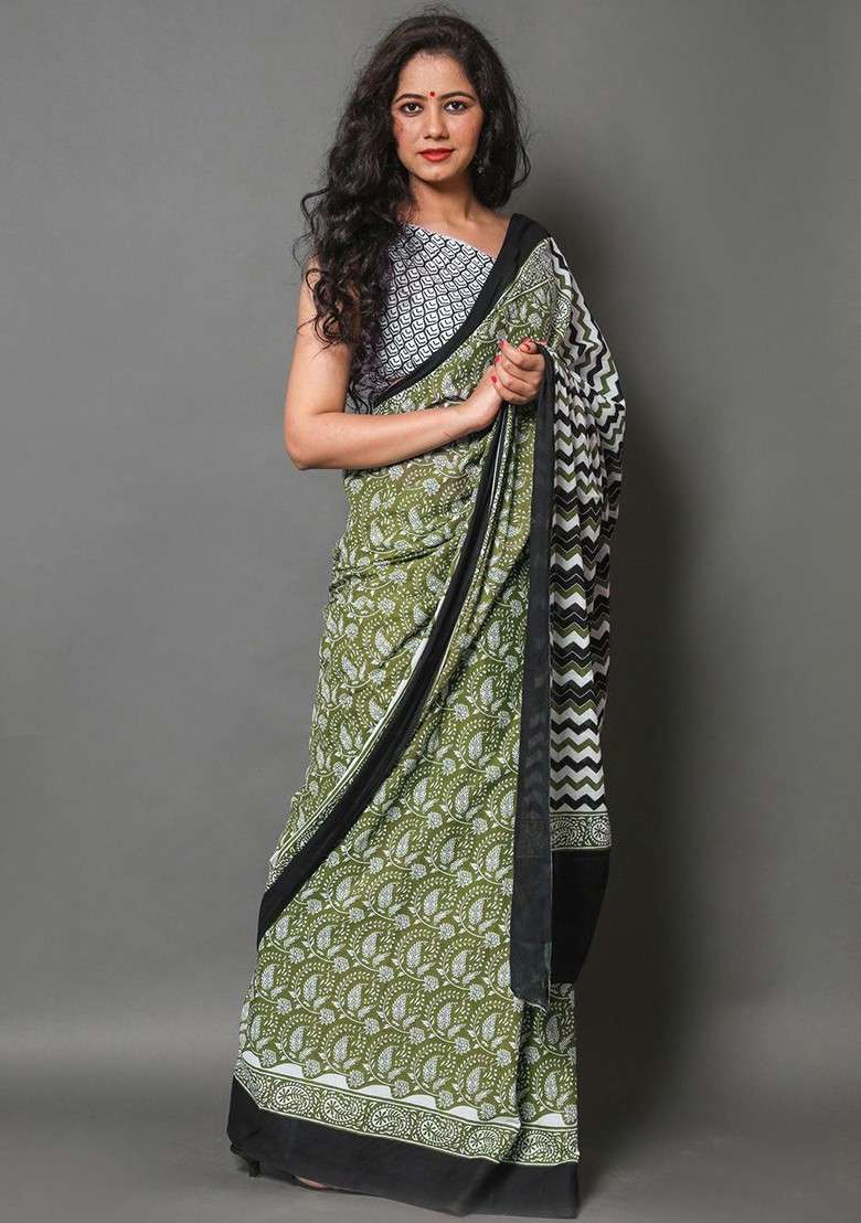 Green Printed Blended Saree Set - Indya