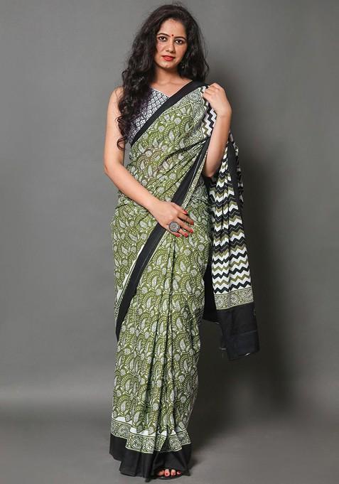 Green Printed Blended Saree Set