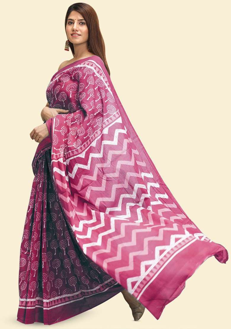 Pink Printed Blended Saree Set - Indya