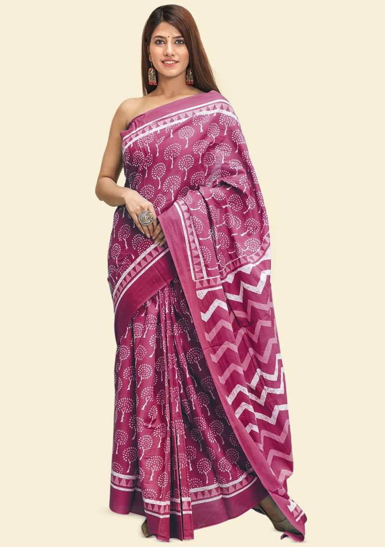 Pink Printed Blended Saree Set - Indya