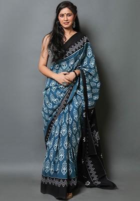 Blue Embroidered Blended Saree Set