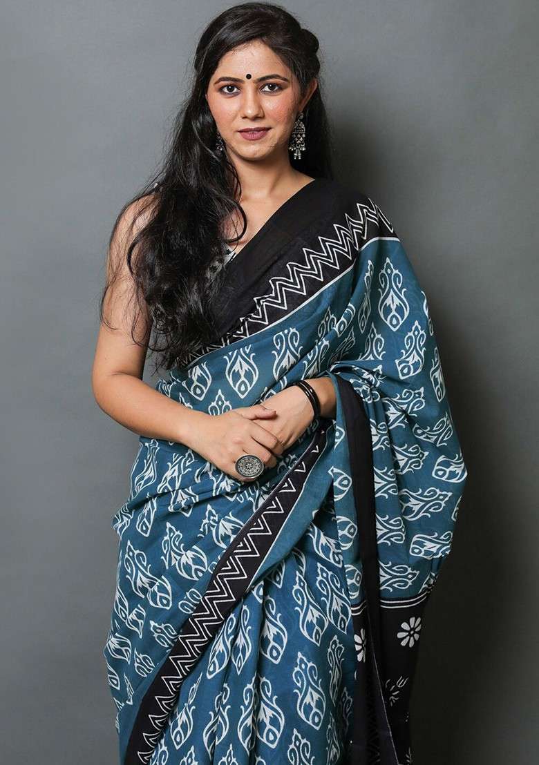 Blue Embroidered Blended Saree Set - Indya
