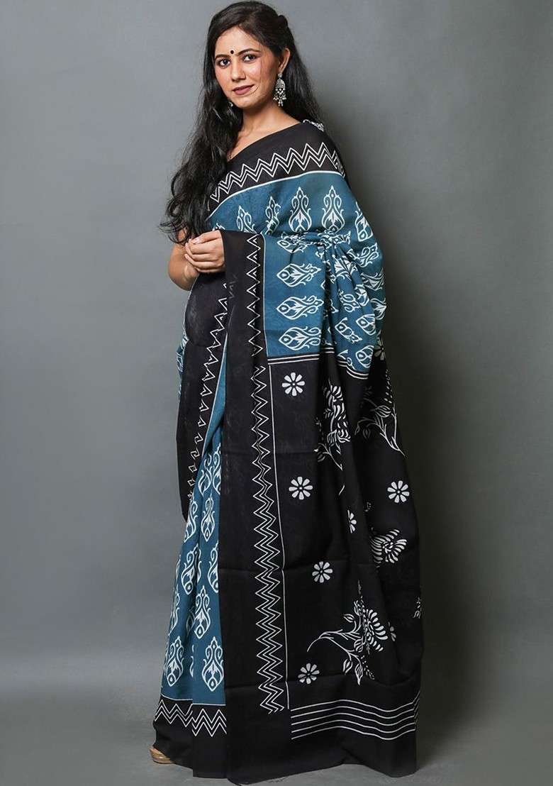 Blue Embroidered Blended Saree Set - Indya