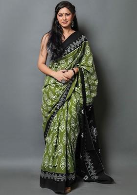 Green Printed Blended Saree Set
