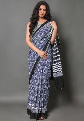 Blue Printed Blended Saree Set