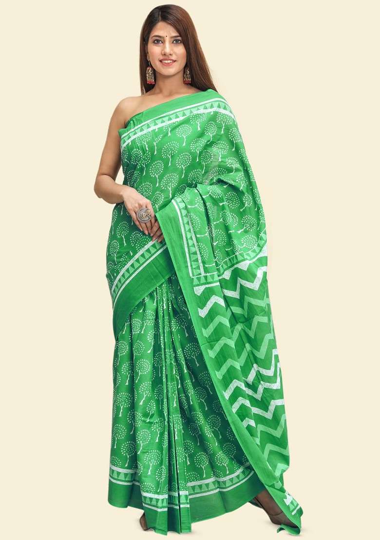 Green Printed Blended Saree Set - Indya