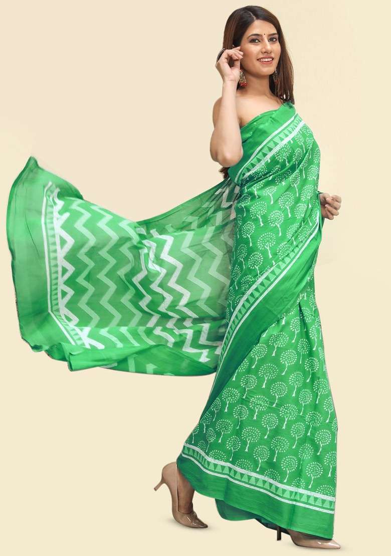 Green Printed Blended Saree Set - Indya