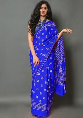 Blue Embroidered Blended Saree Set