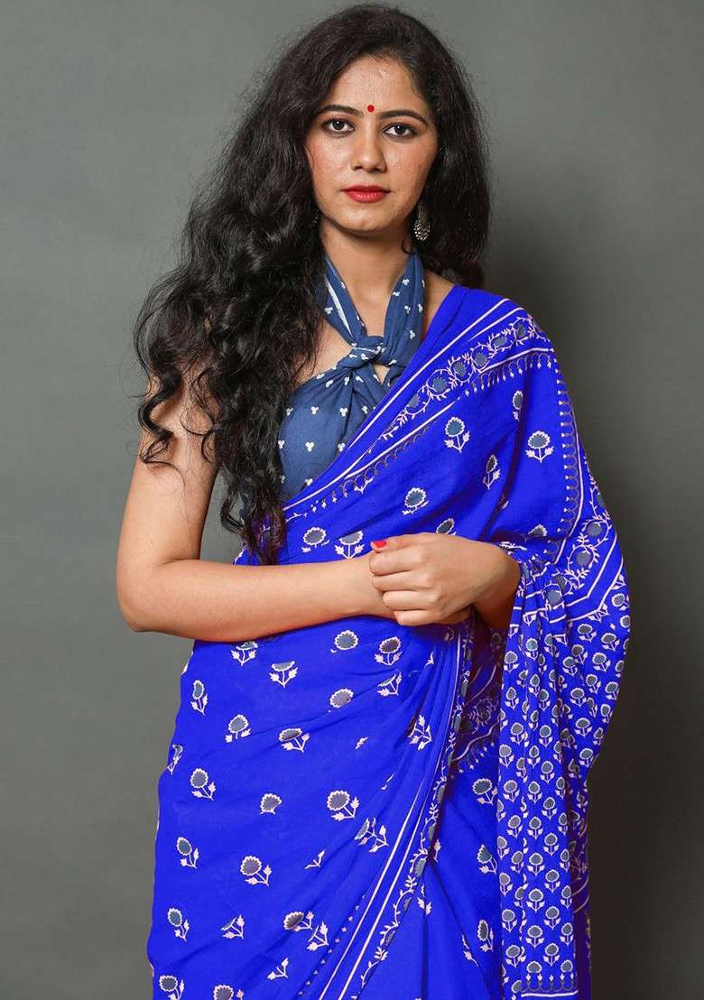 Blue Embroidered Blended Saree Set - Indya