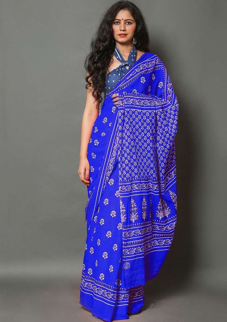 Blue Embroidered Blended Saree Set - Indya