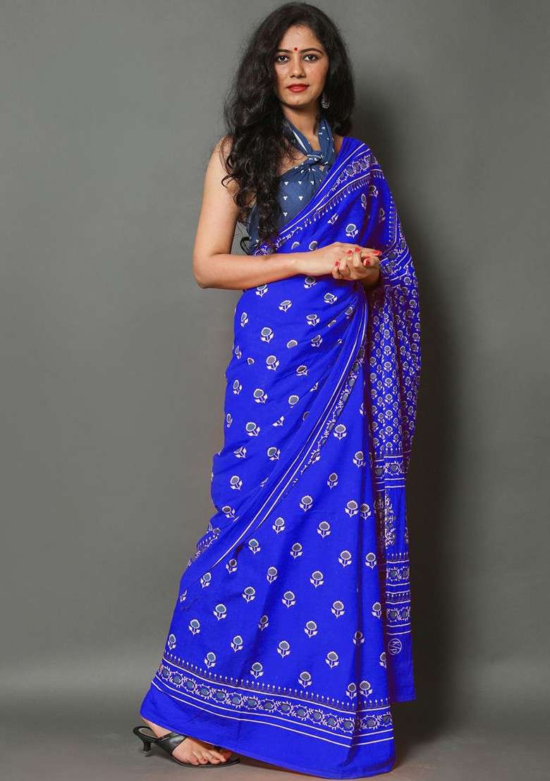 Blue Embroidered Blended Saree Set - Indya