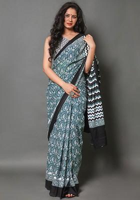 Sea Green Embroidered Blended Saree Set