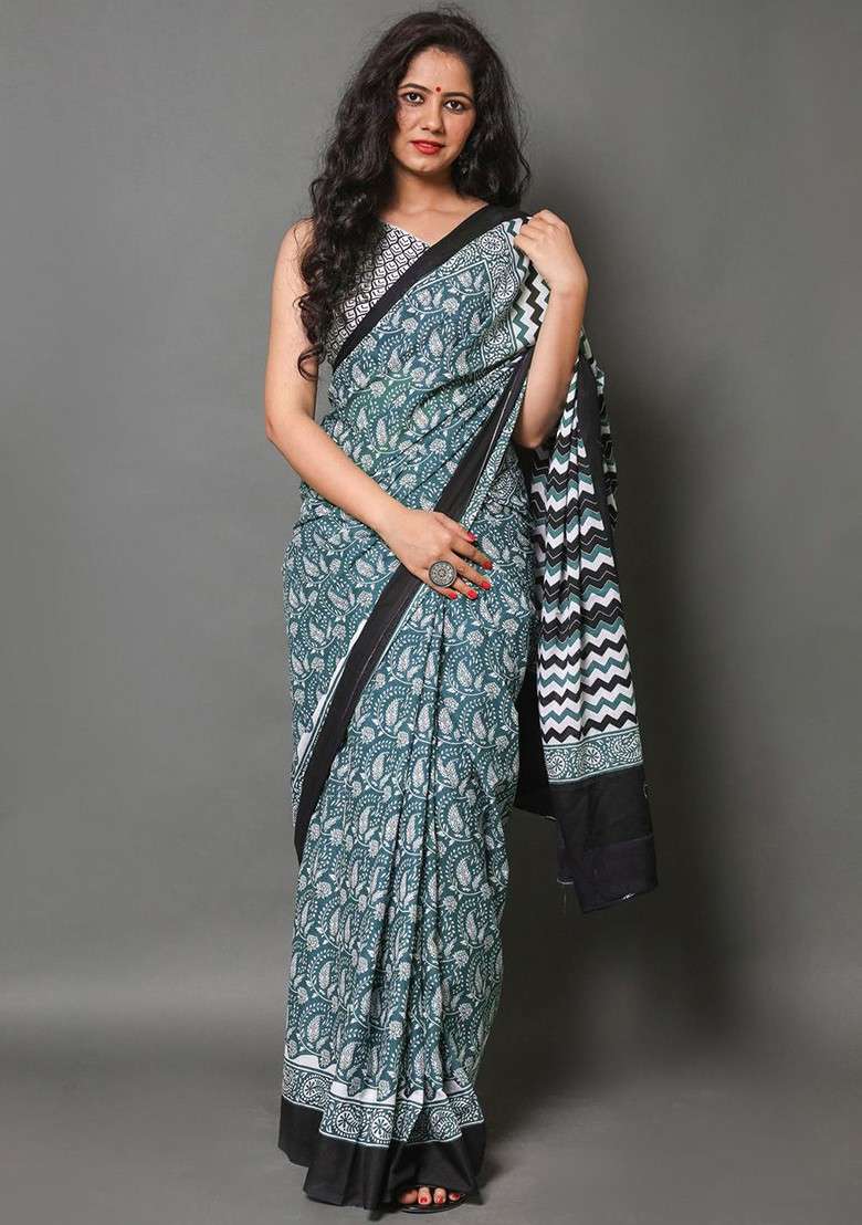 Sea Green Embroidered Blended Saree Set - Indya