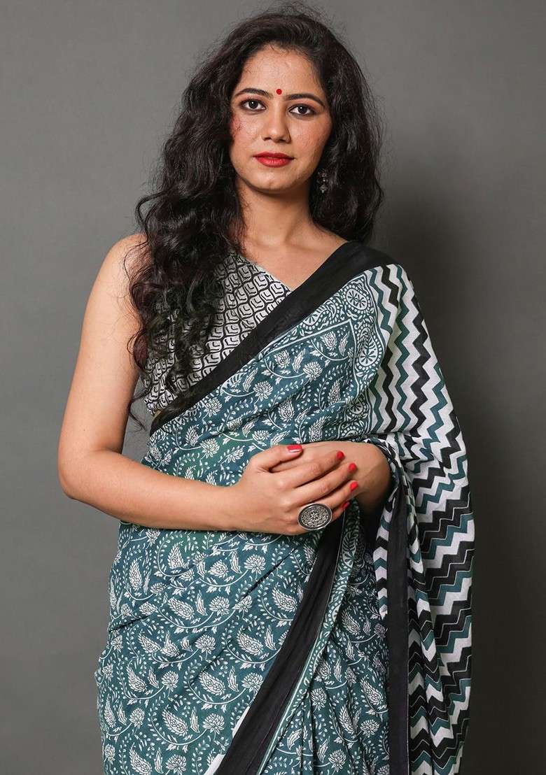 Sea Green Embroidered Blended Saree Set - Indya