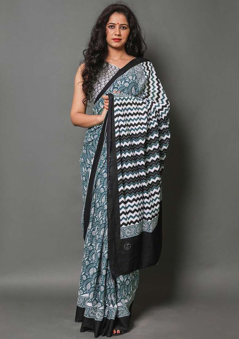 Sea Green Embroidered Blended Saree Set - Indya