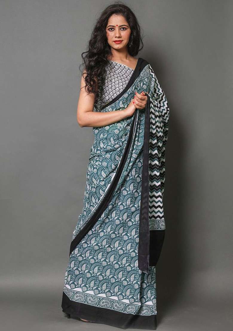 Sea Green Embroidered Blended Saree Set - Indya
