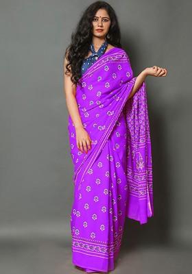 Purple Embroidered Blended Saree Set
