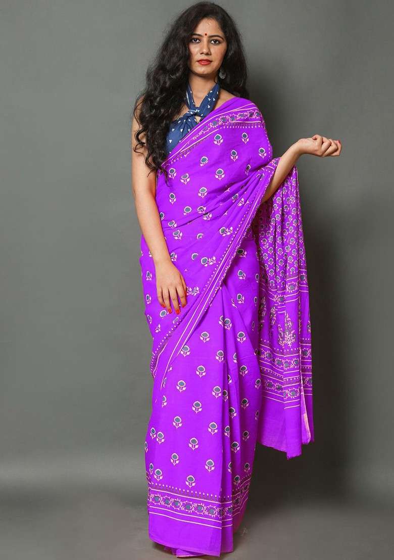 Purple Embroidered Blended Saree Set - Indya