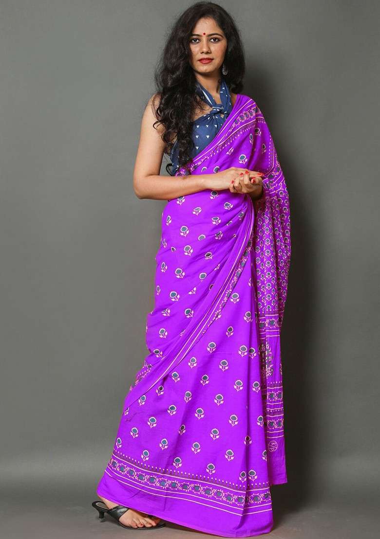 Purple Embroidered Blended Saree Set - Indya