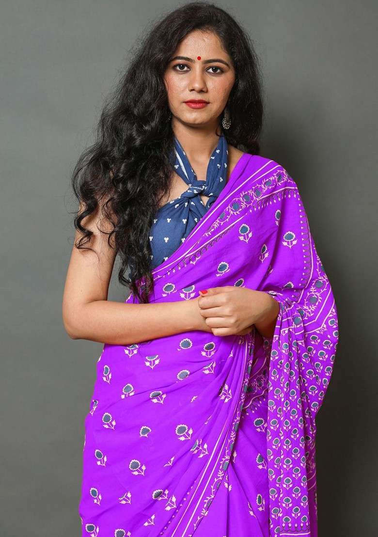 Purple Embroidered Blended Saree Set - Indya