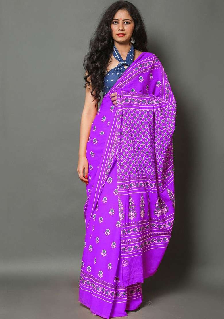 Purple Embroidered Blended Saree Set - Indya