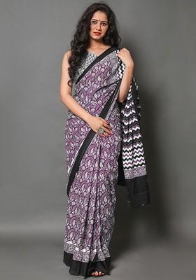 Purple Printed Blended Saree Set