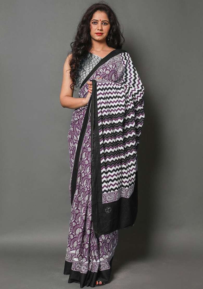 Purple Printed Blended Saree Set - Indya