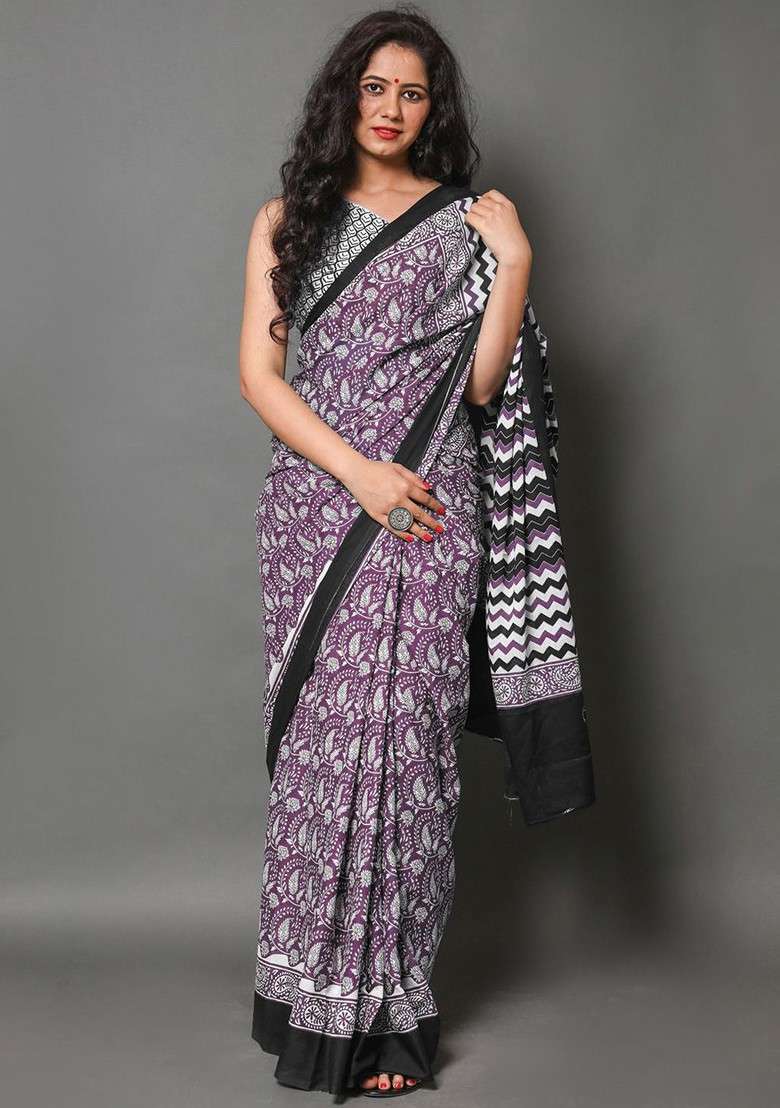 Purple Printed Blended Saree Set - Indya
