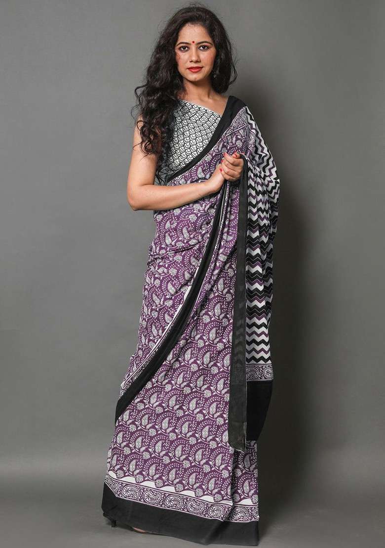 Purple Printed Blended Saree Set - Indya