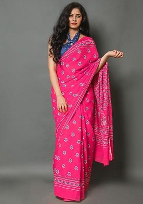 Pink Embroidered Blended Saree Set