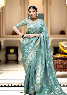 Green Embroidered Blended Saree Set