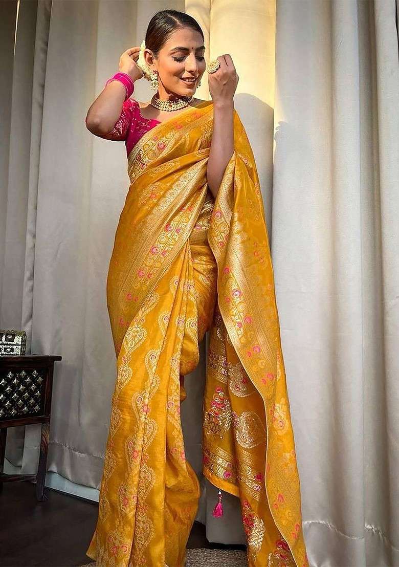 Yellow Blended Saree Set with Embroidered for Diwali | Wedding & Festive Wear - Indya