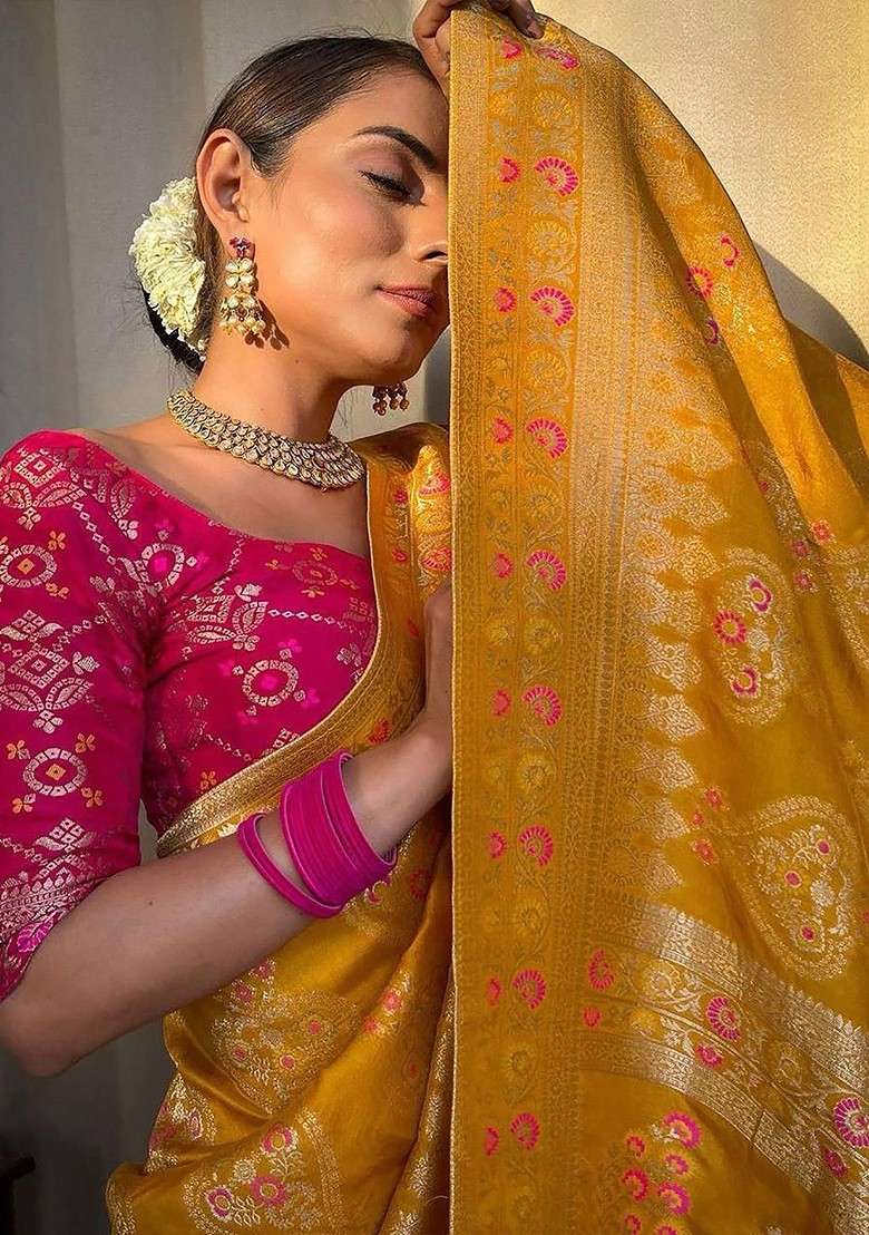 Yellow Blended Saree Set with Embroidered for Diwali | Wedding & Festive Wear - Indya