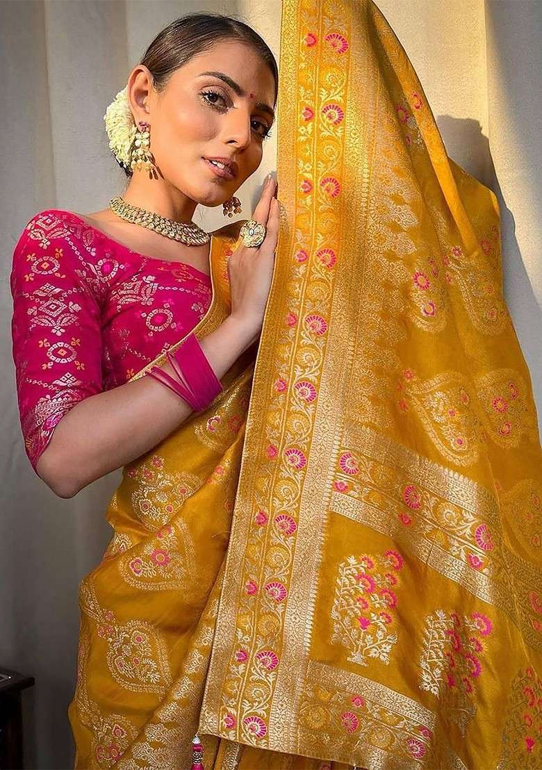 Yellow Blended Saree Set with Embroidered for Diwali | Wedding & Festive Wear - Indya