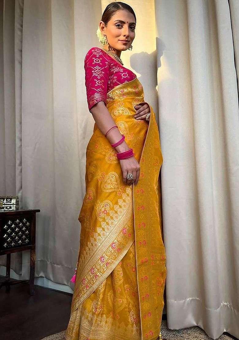 Yellow Blended Saree Set with Embroidered for Diwali | Wedding & Festive Wear - Indya