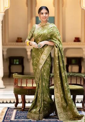 Green Embroidered Blended Saree Set