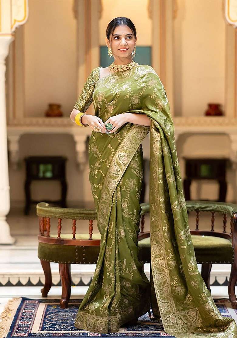 Green Embroidered Blended Saree Set for Diwali and Festive Wear - Indya