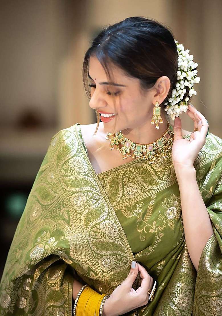 Green Embroidered Blended Saree Set for Diwali and Festive Wear - Indya