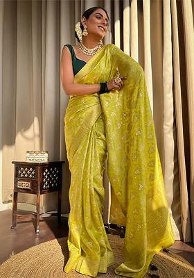 Yellow Embroidered Blended Saree Set