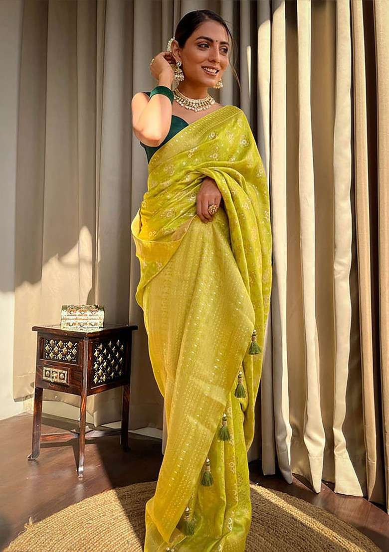 Yellow Blended Saree Set with Embroidered for Diwali | Wedding & Festive Wear - Indya