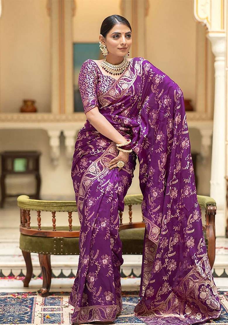 Purple Blended Saree Set with Embroidered for Diwali | Wedding & Festive Wear - Indya